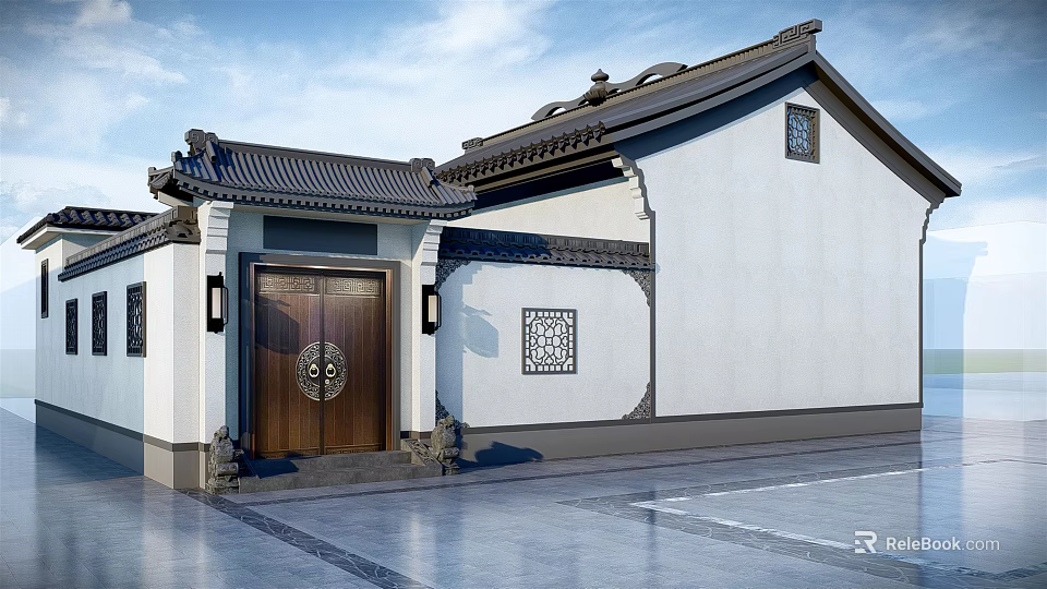 Traditional Chinese Architecture With White Wall Black Tile Roof And Carved Wooden Door 3d model 