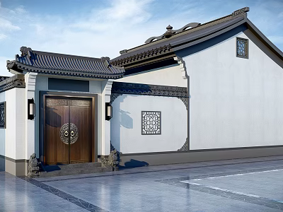 Traditional Chinese Architecture With White Wall Black Tile Roof And Carved Wooden Door 3d model