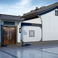 Traditional Chinese Architecture With White Wall Black Tile Roof And Carved Wooden Door
