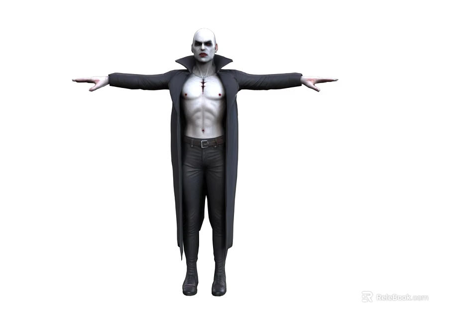 Man With Bald Head Pale Skin Exposed Chest Wearing Black Long Coat Arms Outstretched 3d model 