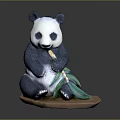 Cute Panda Game Movie Character Sitting And Holding Bamboo With Green Leaves On Brown Base