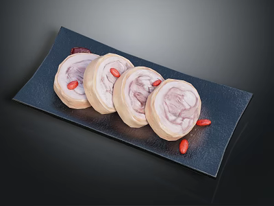 Panda Shaped Roll Cakes on Black Plate with Red Goji Berries 3d model