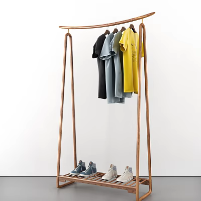 Wooden Clothes Rack with Hanging Colorful T-shirts and Shoes at Bottom 3d model