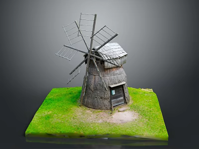 Traditional Wooden Windmill with Thatched Roof and Classic Wooden Structure on Green Grass Base 3d model