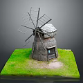 Traditional Wooden Windmill with Thatched Roof and Classic Wooden Structure on Green Grass Base