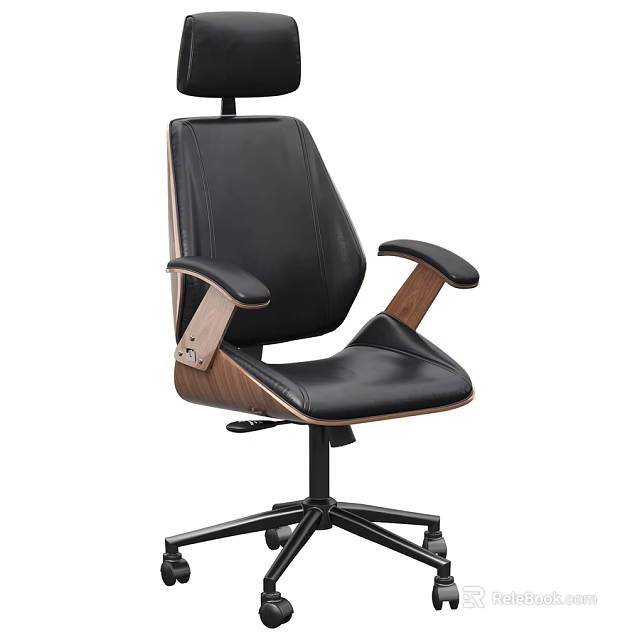 Modern Office Desk And Chair Set With Black Leather Seat And Wooden Armrests 3d model 