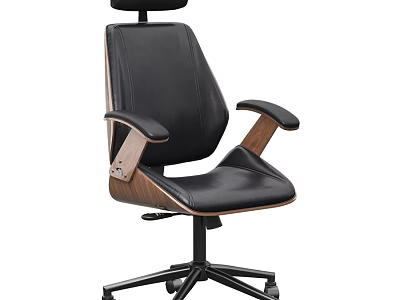 Modern Office Desk And Chair Set With Black Leather Seat And Wooden Armrests 3d model