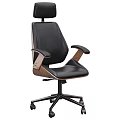 Modern Office Desk And Chair Set With Black Leather Seat And Wooden Armrests