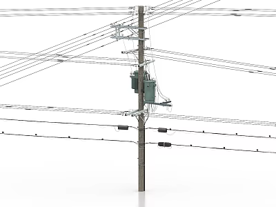 Industrial Electrical Equipment On Utility Pole With Multiple Power Wires And Green Transformer 3d model