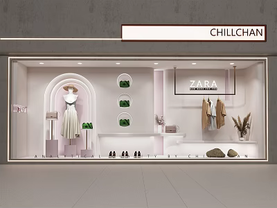 Elegant Modern Clothing Window Display With Dress Coats Shoes And Decorations 3d model