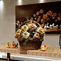 Wooden Table Decor With Flower Basket Mixed Roses Apple Lantern And Background Painting
