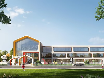 Modern School Building Exterior Design With Orange Accents Large Windows Green Lawn And Trees 3d model