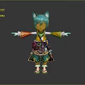 3D Character With Blue Cat Ears Teal Hair Orange Green Outfit Pouch And Outstretched Arms