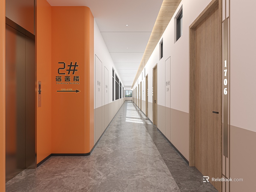 School Dormitory Corridor With Orange Wall Elevator Room Number Signs And Gray Marble Floor 3d model 