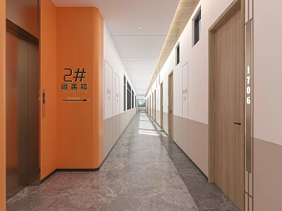 School Dormitory Corridor With Orange Wall Elevator Room Number Signs And Gray Marble Floor 3d model