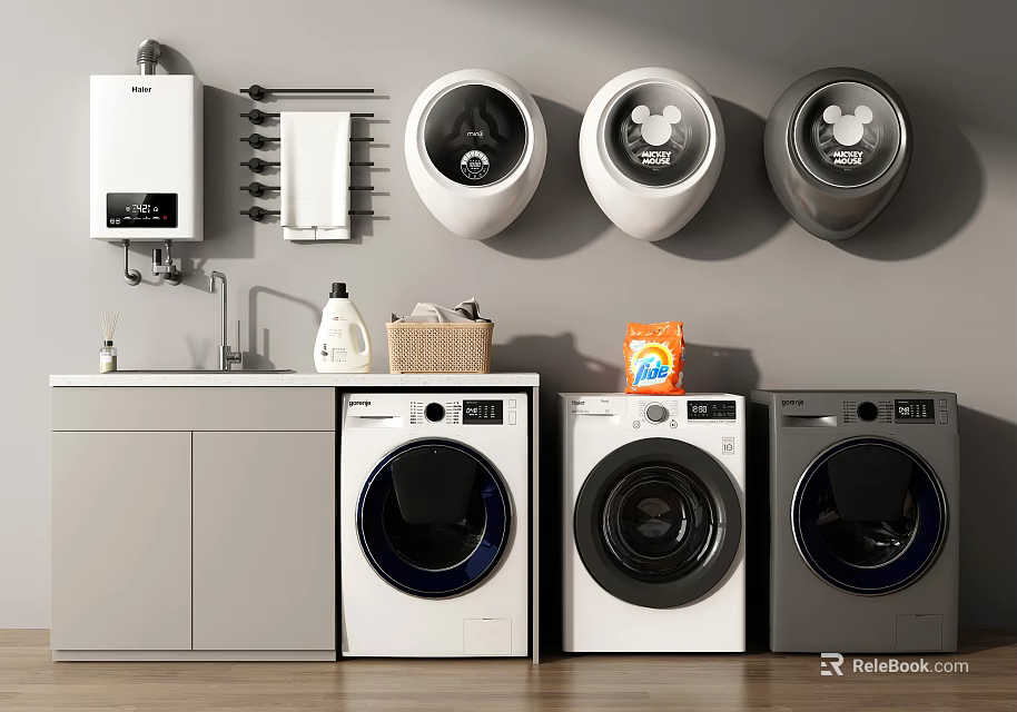 Modern Washing Machines In Laundry Room With Cabinets Sink Detergent And Towel Rack 3d model 