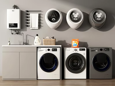Modern Washing Machines In Laundry Room With Cabinets Sink Detergent And Towel Rack 3d model