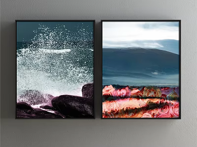 Two Framed Wall Artworks Featuring Ocean Waves Rocks Mountain Clouds And Floral Patterns 3d model
