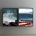 Two Framed Wall Artworks Featuring Ocean Waves Rocks Mountain Clouds And Floral Patterns