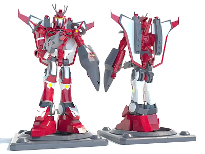 Red And White Mech Style Robot Models With Wings Weapons And Bases 3d model