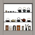Elegant Tea Set Display with Teapots Teacups and Tea Caddies on Wooden Shelf