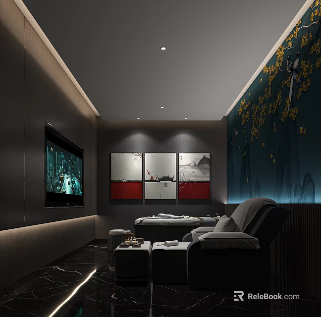 SPA Sauna Room Interior With TV Wall Paintings Comfortable Sofa And Soft Lighting 3d model 