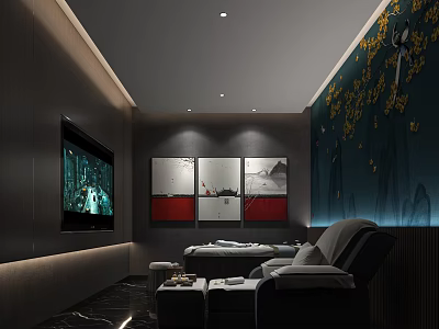 SPA Sauna Room Interior With TV Wall Paintings Comfortable Sofa And Soft Lighting 3d model