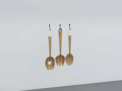 Three Wooden Pendant Lights With White Handles Hanging On White Wall 3d model