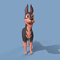 Cartoon Doberman 3D Model Black Brown Coat Standing With Erect Ears Open Mouth Blue Background 3d model