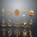 Golden Fashion Accessories Collection Including Key Horseshoe Anchor Ship Wheel And Decorative Pendants
