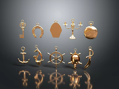 Golden Fashion Accessories Collection Including Key Horseshoe Anchor Ship Wheel And Decorative Pendants 3d model