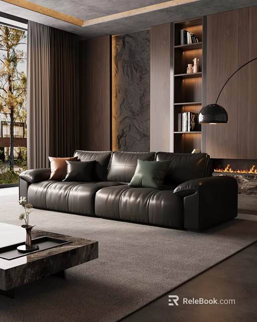 Modern Living Room Interior With Black Leather Sofa And Colorful Throw Pillows 3d model 