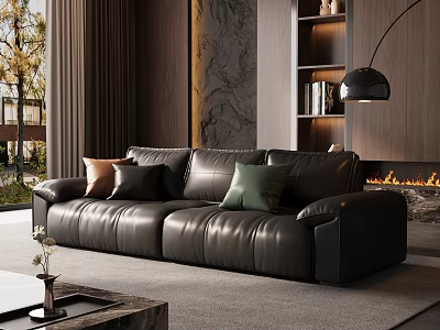 Modern Living Room Interior With Black Leather Sofa And Colorful Throw Pillows 3d model