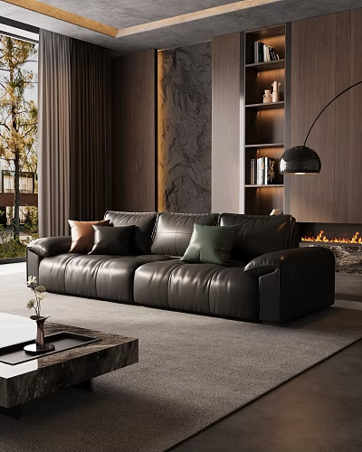 Modern Living Room Interior With Black Leather Sofa And Colorful Throw Pillows 3d model