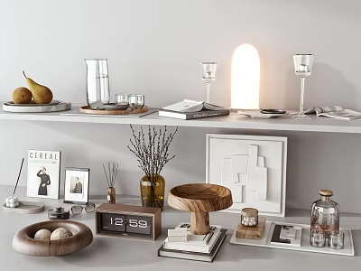 Elegant Decorative Accessories Set with Vase Photo Frames Candles Wooden Bowl Clock and Table Lamp 3d model