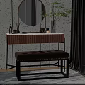 Modern Copper Dressing Table With Round Mirror Drawers Cosmetics Green Plant And Leather Bench