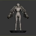 Game Movie Character With Mechanical Body Glowing Blue Lights And Robotic Arms Standing On Base
