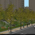 Scenic Municipal Road With Tall Buildings Yellow Leaf Trees Pedestrians And Flowers On Sidewalk