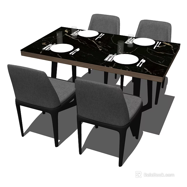 Modern Dining Table Set with Black Marble Top Four Gray Chairs and Dinnerware 3d model