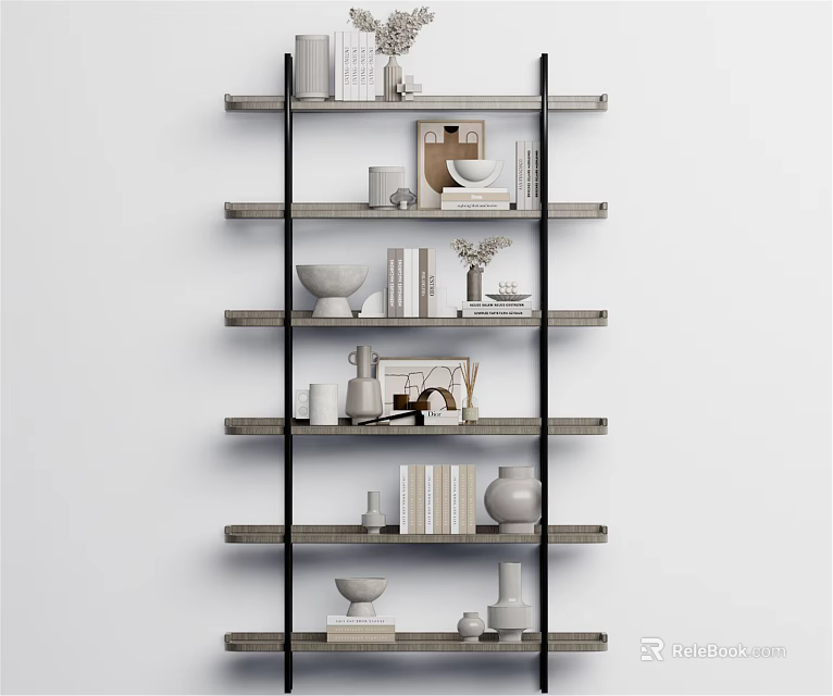 Modern Wooden Shelving Unit With Multiple Tiers Holding Books Vases And Decorative Items 3d model 