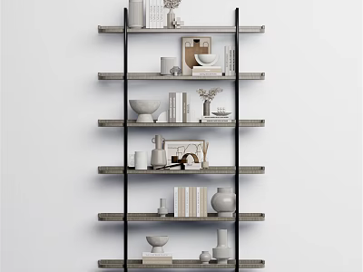 Modern Wooden Shelving Unit With Multiple Tiers Holding Books Vases And Decorative Items 3d model