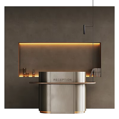 Modern Reception Desk With Stainless Steel Design Warm Lighting And Decorative Items 3d model