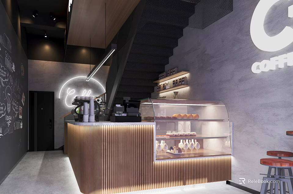 Modern Café Interior Featuring Wooden Counter Glass Display Case Fresh Pastries Staircase And Neon Lighting 3d model 