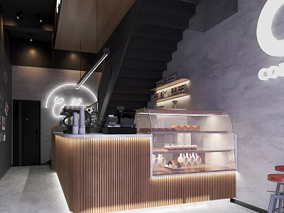 Modern Café Interior Featuring Wooden Counter Glass Display Case Fresh Pastries Staircase And Neon Lighting 3d model