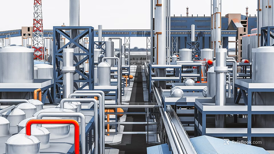 Modern Industrial Factory With Steel Structures Pipes Machinery And Production Equipment 3d model 