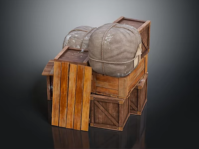 Stacked Wooden Crates With Thick Sacks As Practical Household Storage Items 3d model