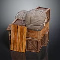 Stacked Wooden Crates With Thick Sacks As Practical Household Storage Items