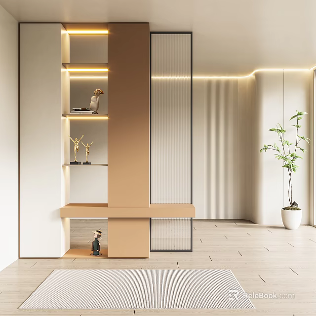Modern Foyer Hallway Interior Design With Display Shelves Storage Cabinet Lighting And Potted Plant 3d model 