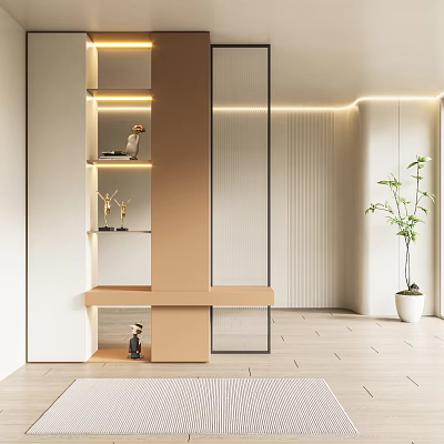 Modern Foyer Hallway Interior Design With Display Shelves Storage Cabinet Lighting And Potted Plant 3d model