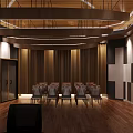 Spacious Music Room Interior With Piano Drum Set Microphone Stands Wooden Floor And Ceiling